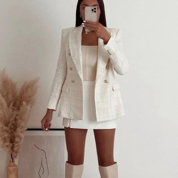 ZARA Tweed Blazer White Chanel Style Blogger Double Breasted Small Jacket - Picture 2 of 5
